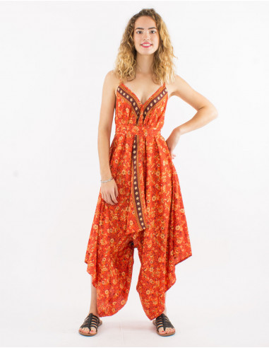 Long sari polyester jumpsuit with straps and daisy print