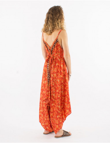 Long sari polyester jumpsuit with straps and daisy print