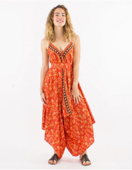Long sari polyester jumpsuit with straps and daisy print