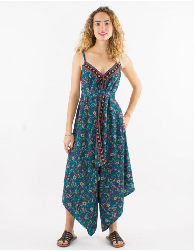 Long sari polyester jumpsuit with straps and daisy print