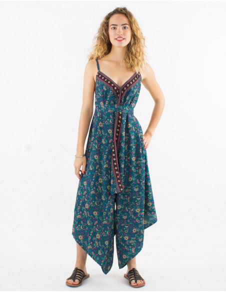 Long sari polyester jumpsuit with straps and daisy print