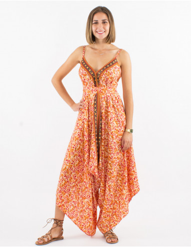 Long sari polyester jumpsuit with straps and daisy print