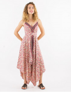 Long sari polyester jumpsuit with straps and daisy print 2