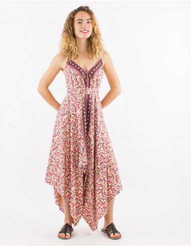 Long sari polyester jumpsuit with straps and daisy print