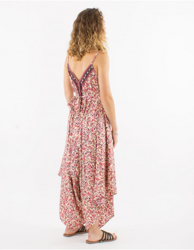 Long sari polyester jumpsuit with straps and daisy print