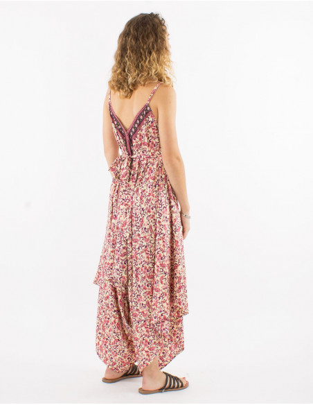 Long sari polyester jumpsuit with straps and daisy print