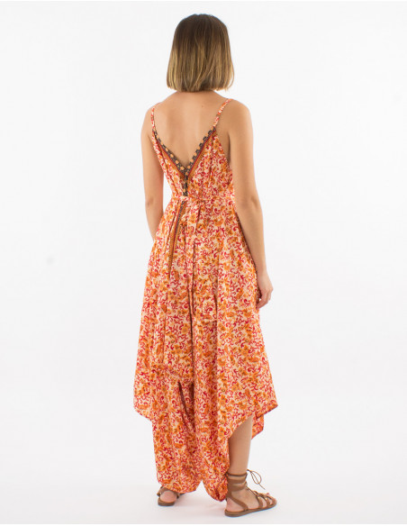 Long sari polyester jumpsuit with straps and daisy print