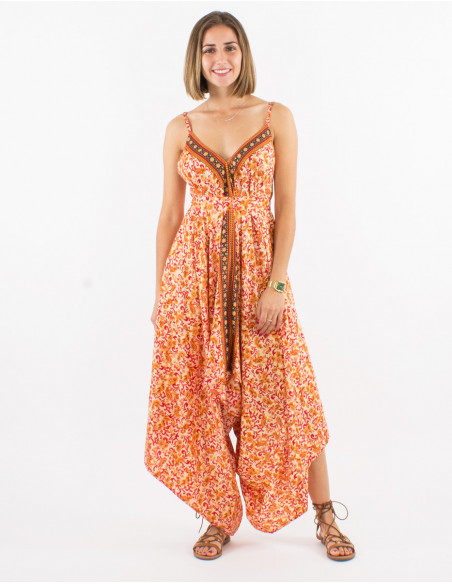 Long sari polyester jumpsuit with straps and daisy print