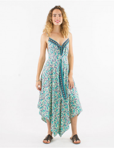 Long sari polyester jumpsuit with straps and daisy print