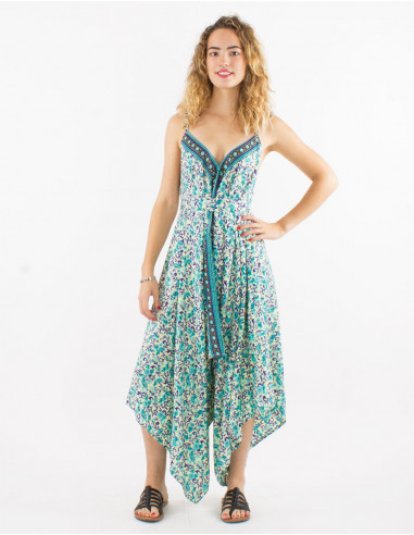 Long sari polyester jumpsuit with straps and daisy print