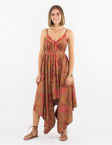 Sari long polyester jumpsuit with fabric panels and golden print