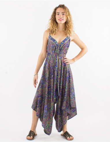Sari long polyester jumpsuit with fabric panels and golden print
