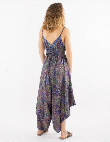 Sari long polyester jumpsuit with fabric panels and golden print