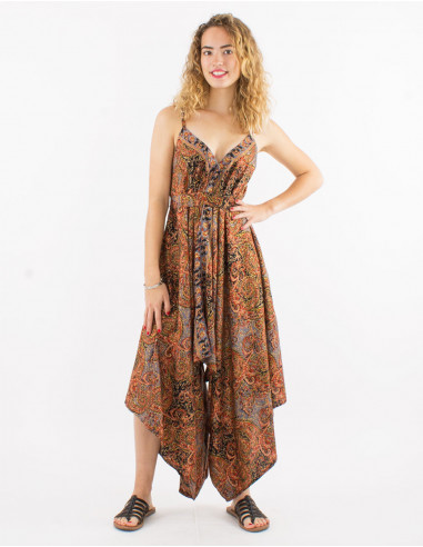Sari long polyester jumpsuit with fabric panels and golden print
