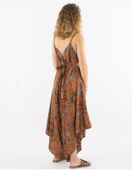 Sari long polyester jumpsuit with fabric panels and golden print