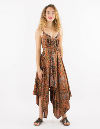 Sari long polyester jumpsuit with fabric panels and golden print