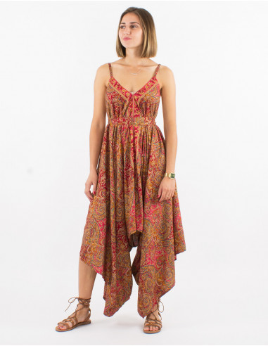 Sari long polyester jumpsuit with fabric panels and golden print