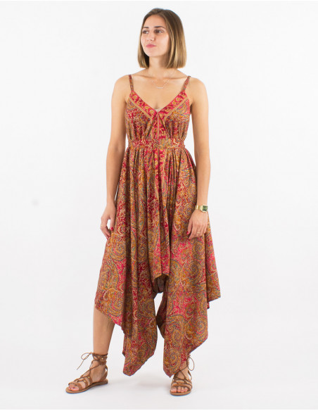 Sari long polyester jumpsuit with fabric panels and golden print