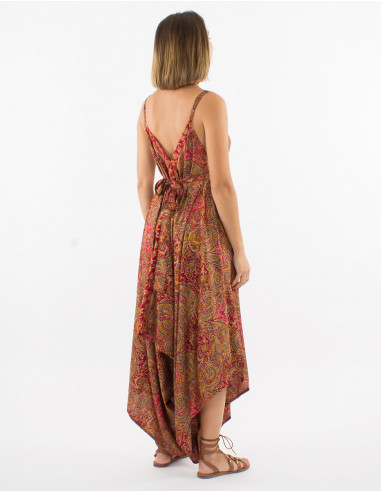 Sari long polyester jumpsuit with fabric panels and golden print