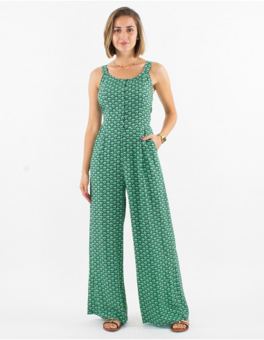 Long viscose open back jumpsuit with arabesque print