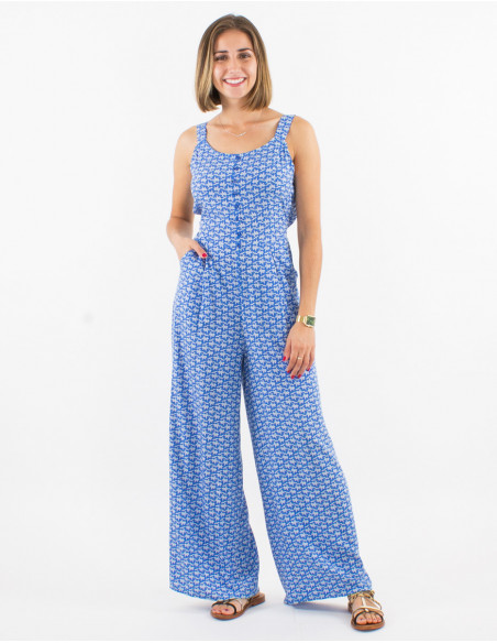 Long viscose open back jumpsuit with arabesque print