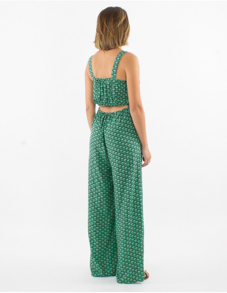 Long viscose open back jumpsuit with arabesque print