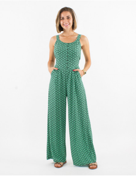 Long viscose open back jumpsuit with arabesque print