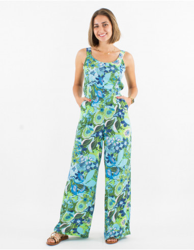 Long viscose open back jumpsuit with sixties print
