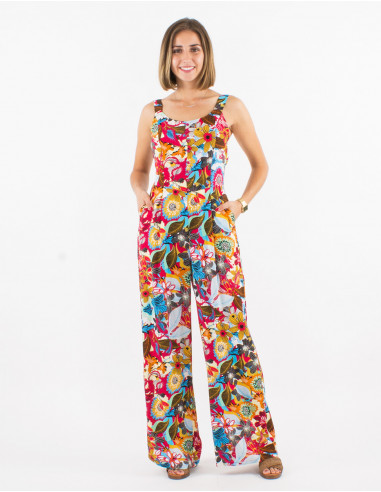 Long viscose open back jumpsuit with sixties print