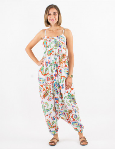 Long polyester jumpsuit with straps and sublime print