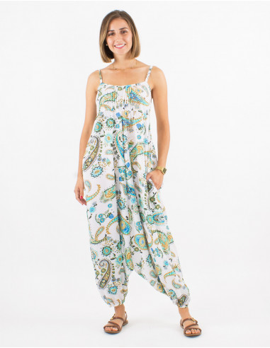 Long polyester jumpsuit with straps and sublime print