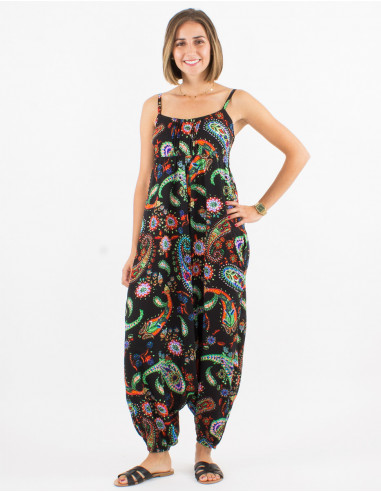 Long polyester jumpsuit with straps and sublime print