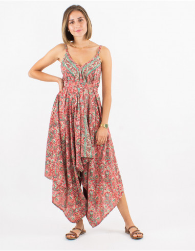 Long polyester jumpsuit with straps and silvery cachemire print