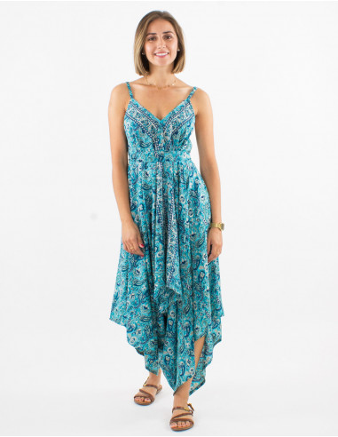 Long polyester jumpsuit with straps and silvery cachemire print