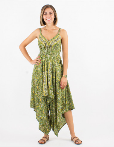 Long polyester jumpsuit with straps and silvery cachemire print