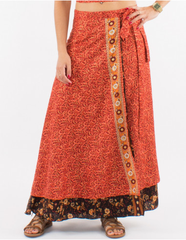 Long polyester wrap-around sari skirt with golden print