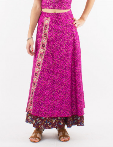 Long polyester wrap-around sari skirt with golden print