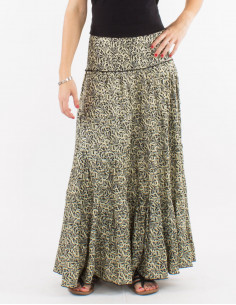 Jupe longue polyester à volants sari imprimé argenté