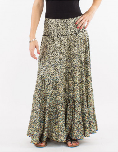 Long polyester ruffle sari skirt with silver print