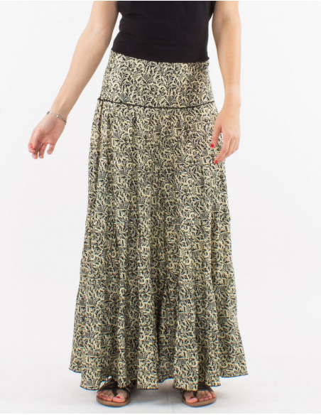 Jupe longue polyester à volants sari imprimé argenté