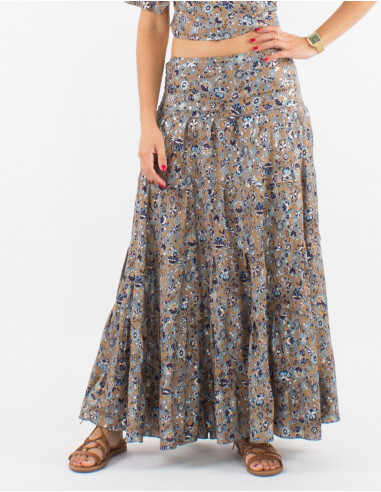 Long polyester ruffle sari skirt with silver print