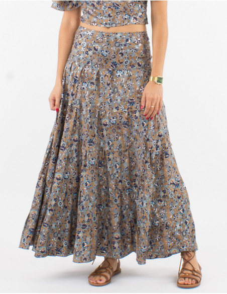 Jupe longue polyester à volants sari imprimé argenté