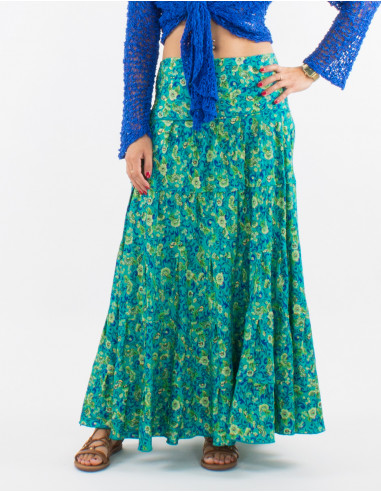 Long polyester ruffle sari skirt with golden print