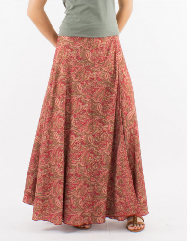 Long polyester wrap-around sari skirt with golden print (no lining)
