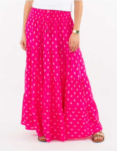 Long viscose skirt with smocked belt and bali print