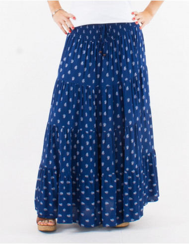 Long viscose skirt with smocked belt and bali print