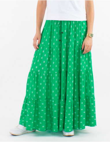 Long viscose skirt with smocked belt and bali print