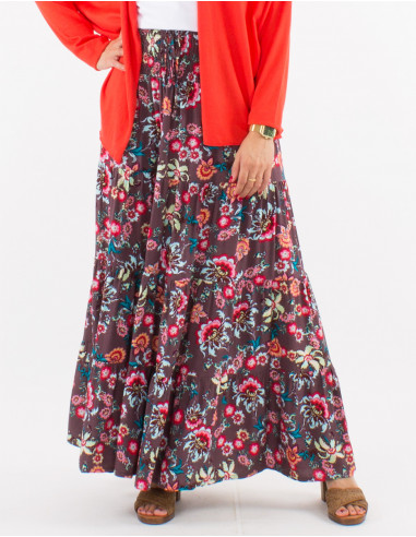 Long viscose skirt with smocked belt and bohemian print