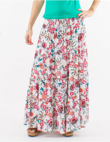 Long viscose skirt with smocked belt and bohemian print