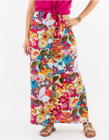 Long viscose wrap-around skirt with sixties print